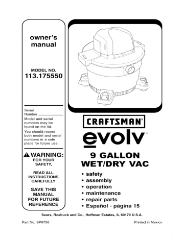 Parts, 9 Gallon Wet/Dry Vac