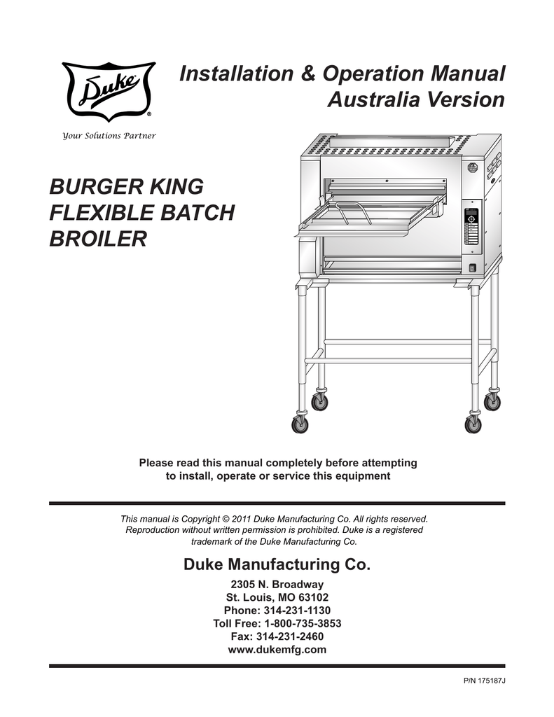 Duke FLEXIBLE BATCH BROILER Specifications | Manualzz