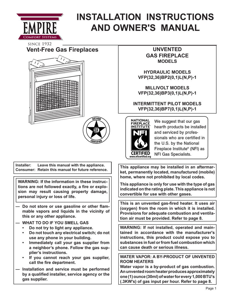 Empire Comfort Systems Bp 1 Owner S Manual Manualzz Com