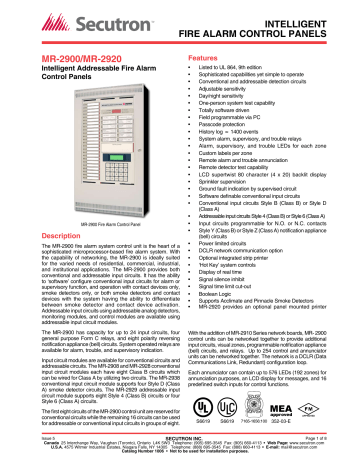 Secutron MR-2900/MR-2920 Intelligent Addressable Fire Alarm Control ...