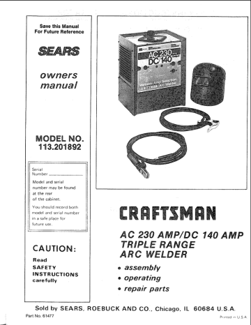 Craftsman 113201892 Triple Range Arc Welder Owner's Manual | Manualzz