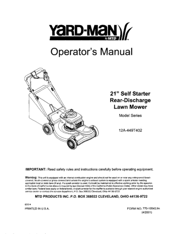 Yard-Man 12A-449T402 Operator`s manual | Manualzz