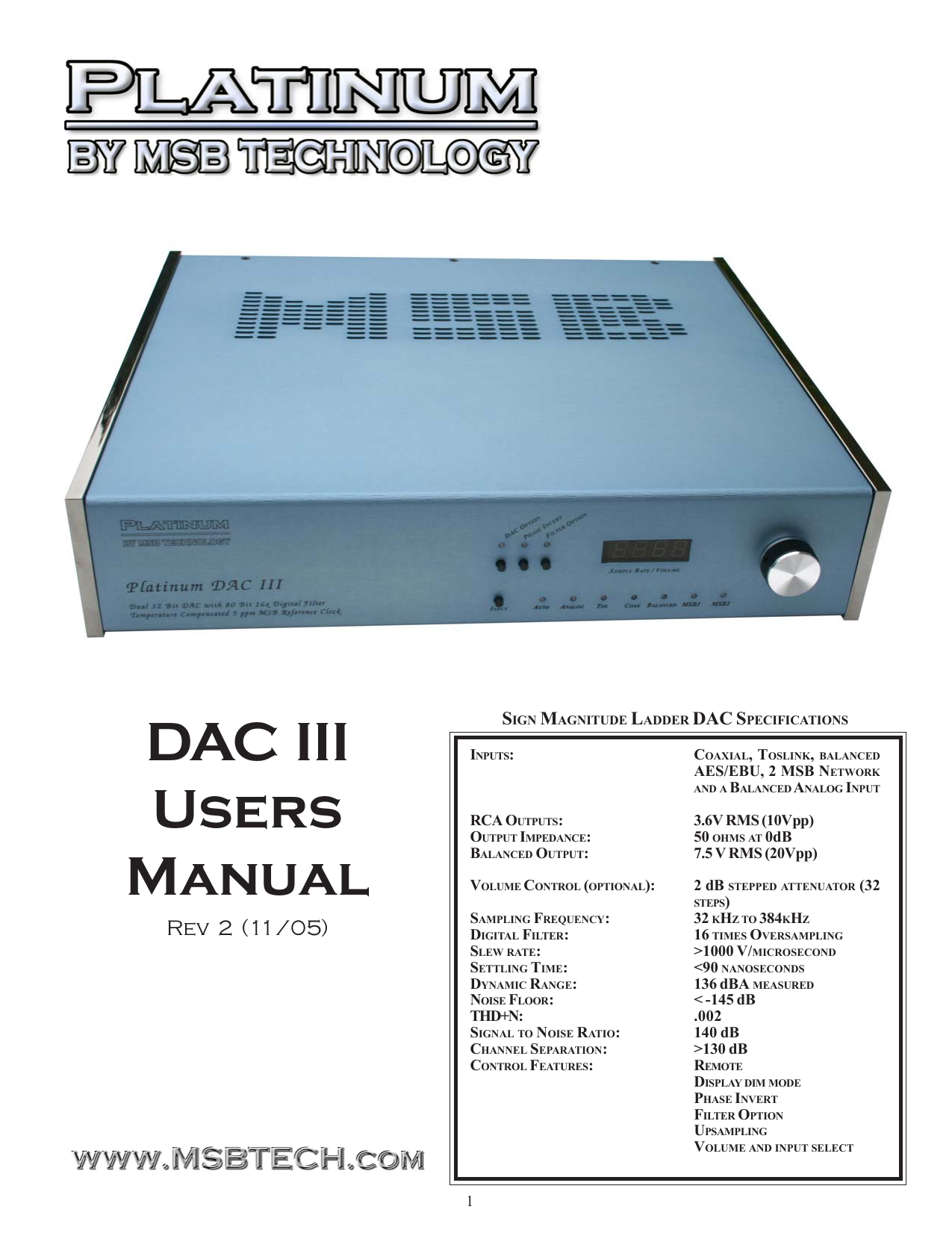 Msb Technology Platinum Dac Iii Specifications Manualzz