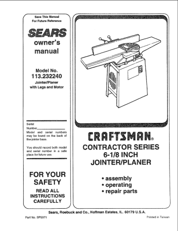 1955 Craftsman 99-2960 Pedestal Stand for 2390 Jointer-Instructions Assembly 1955 Craftsman 99-2960 Pedestal Stand for 2390 Jointer-Instructions Assembly