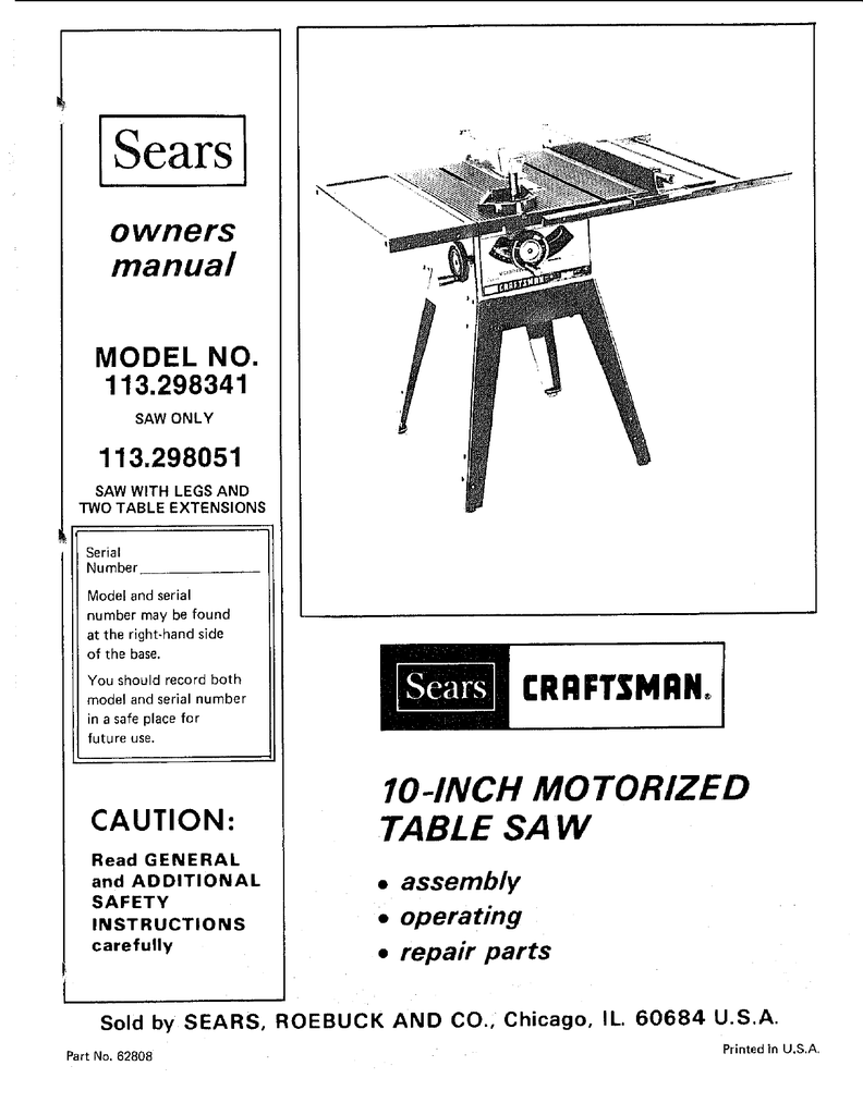 Craftsman 113298050 Owners Manual Manualzz