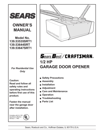 Craftsman Garage Door Opener 139.53535SRT1, 139.53644SRT, 139.53647SRT1 ...