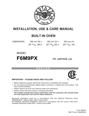 Bertazzoni F6M9PX Installation, Use & Care Manual | Manualzz