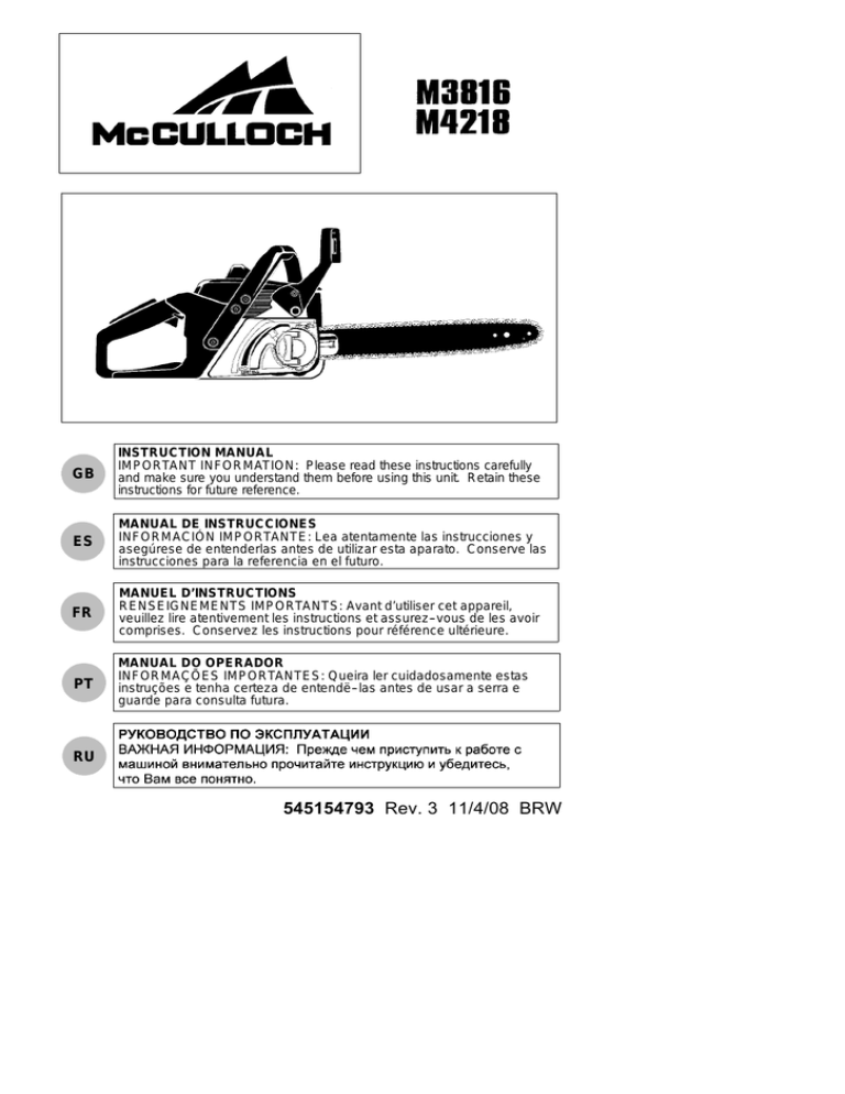 McCulloch chain saw Instruction manual Manualzz