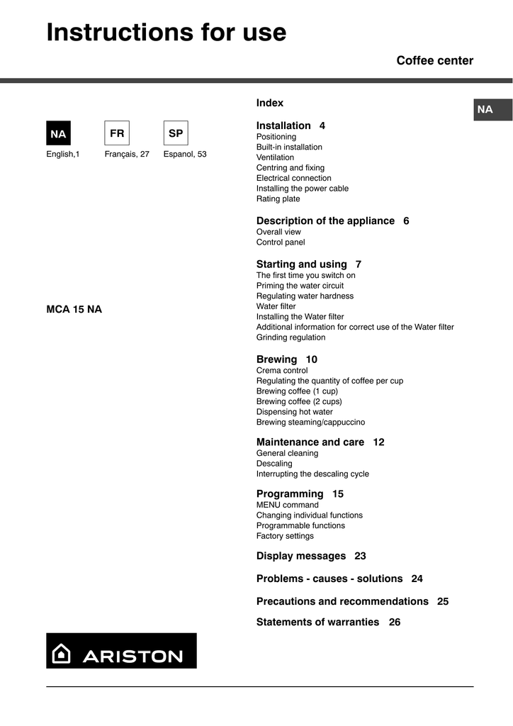 Ariston MCA 15 NA - 39803 Operating instructions | Manualzz