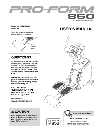 Proform 850 Elliptical User S Manual Manualzz