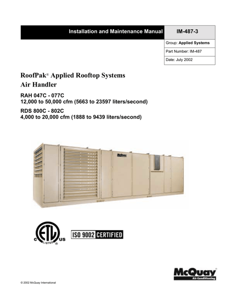 McQuay RAH 077C Installation manual | Manualzz