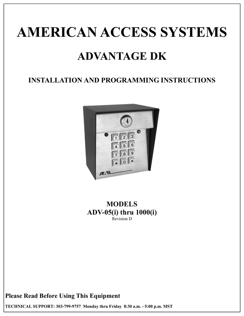 American Access System Adv 1000 Programming Instructions Manualzz