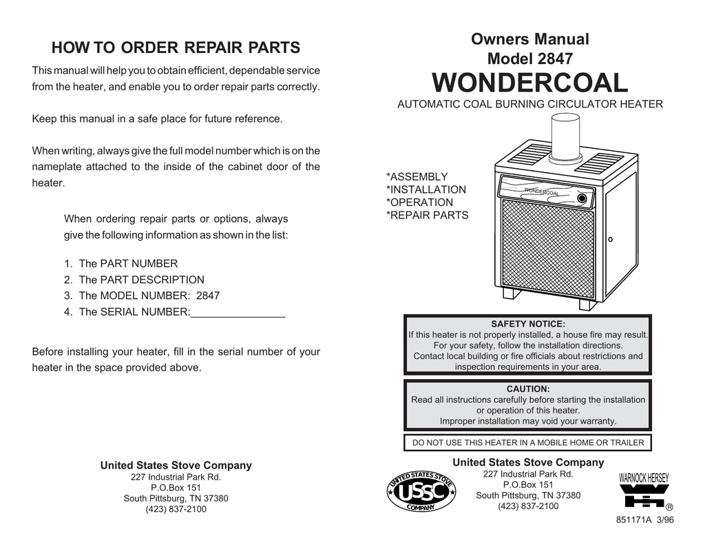 United States Stove Company 2847 Owner`s manual Manualzz