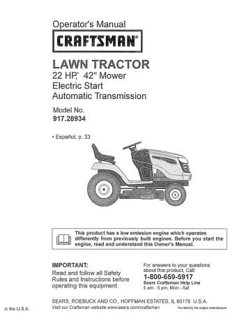 Craftsman 917289344 TRACTOR YT3000 Operator`s manual | Manualzz