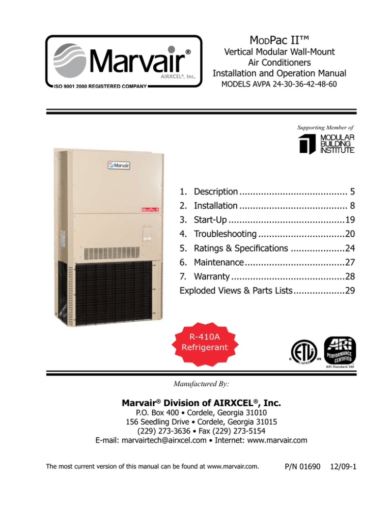 Marvair AVPA30 Specifications | Manualzz