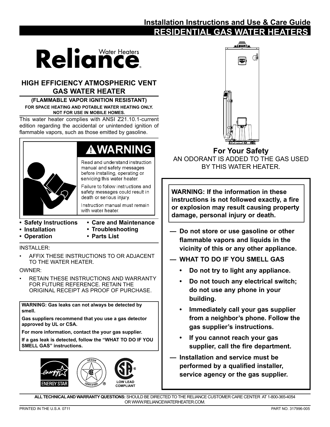 Reliance Water Heaters N71120NE Use & care guide Manualzz
