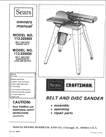 Craftsman 113225900 Belt & Disc Sander Owner`s manual | Manualzz