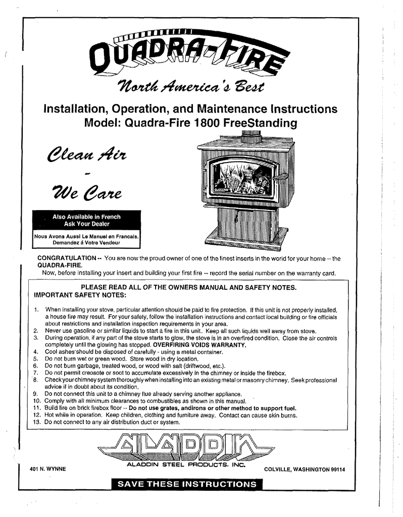 Quadra-Fire Quadra Fire 1900 Operating instructions | Manualzz