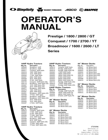 Snapper 2800 GT & 1800 GT Series Operator's Manual | Manualzz