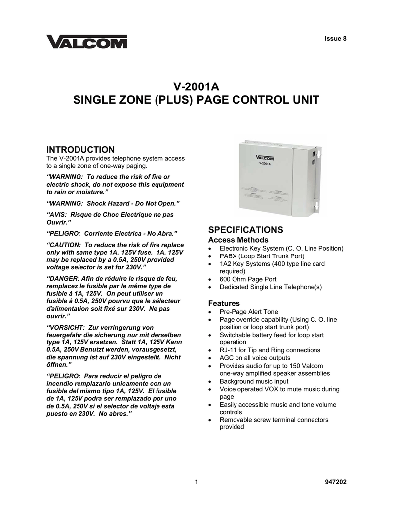 Valcom V 2001 Specifications Manualzz