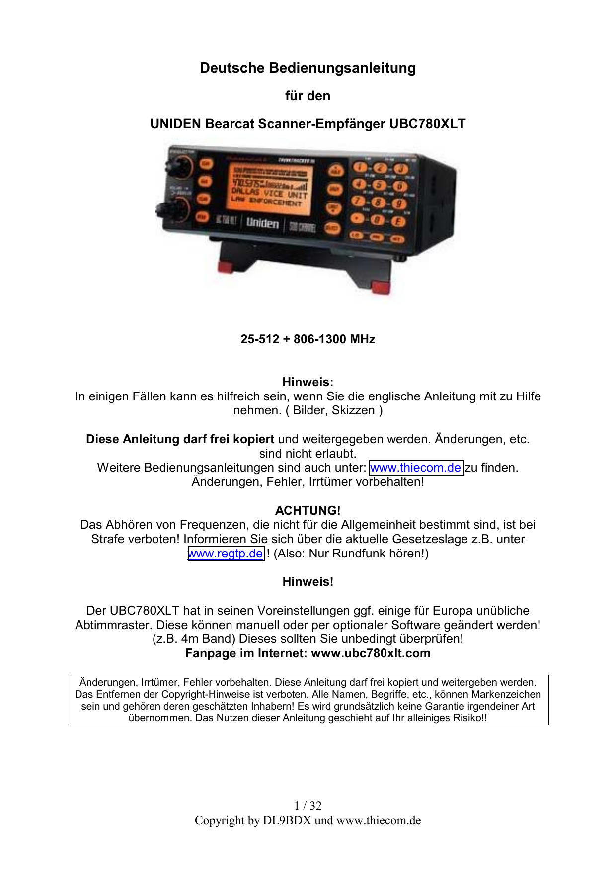 Uniden BC780XLT User manual Manualzz