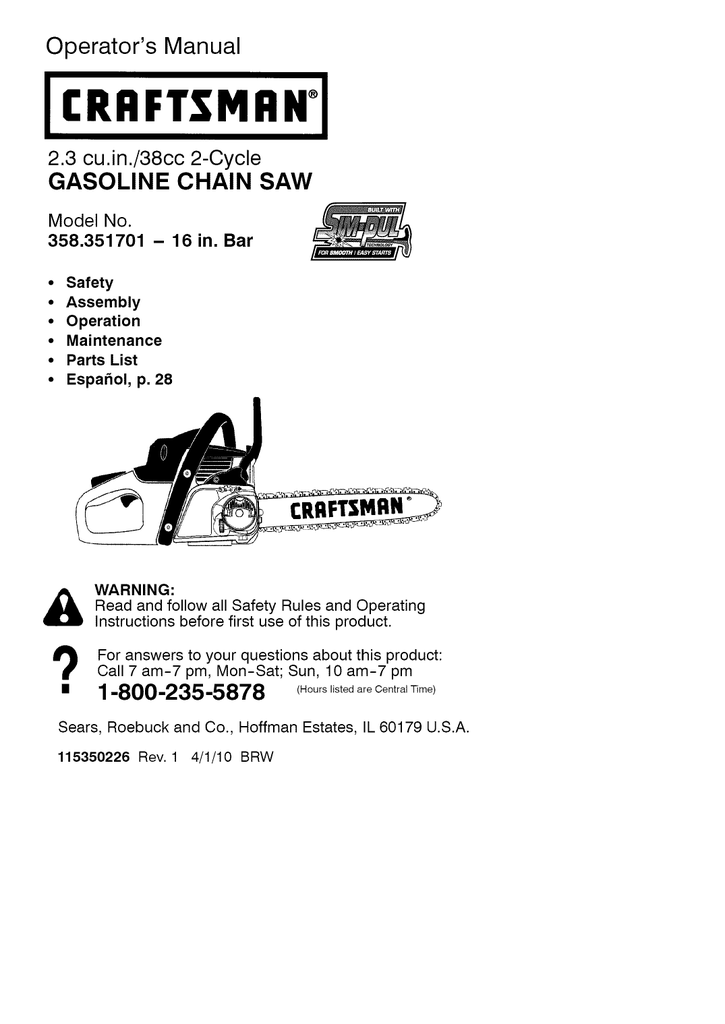 Craftsman 358.351701 Operator`s manual | Manualzz