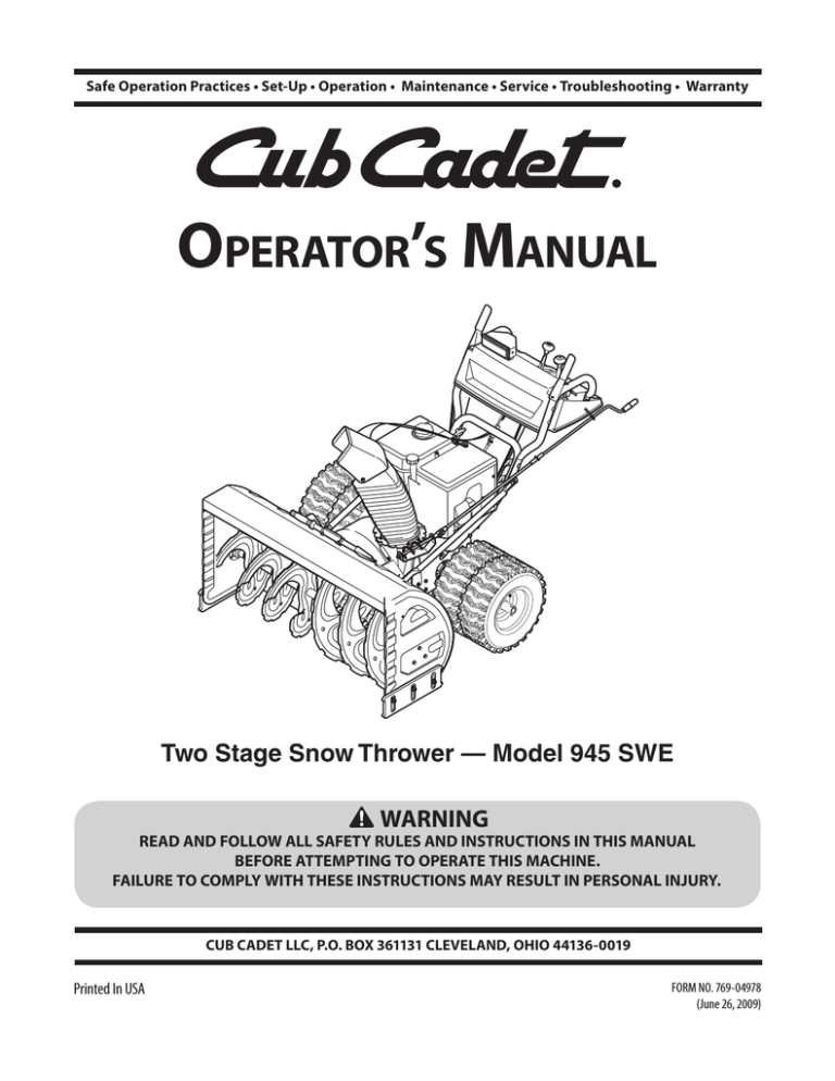 Cub Cadet 945 Swe Two Stage Snow Thrower Operator S Manual Manualzz Cub Cadet 945 Swe Two Stage Snow Thrower Operator S Manual Manualzz