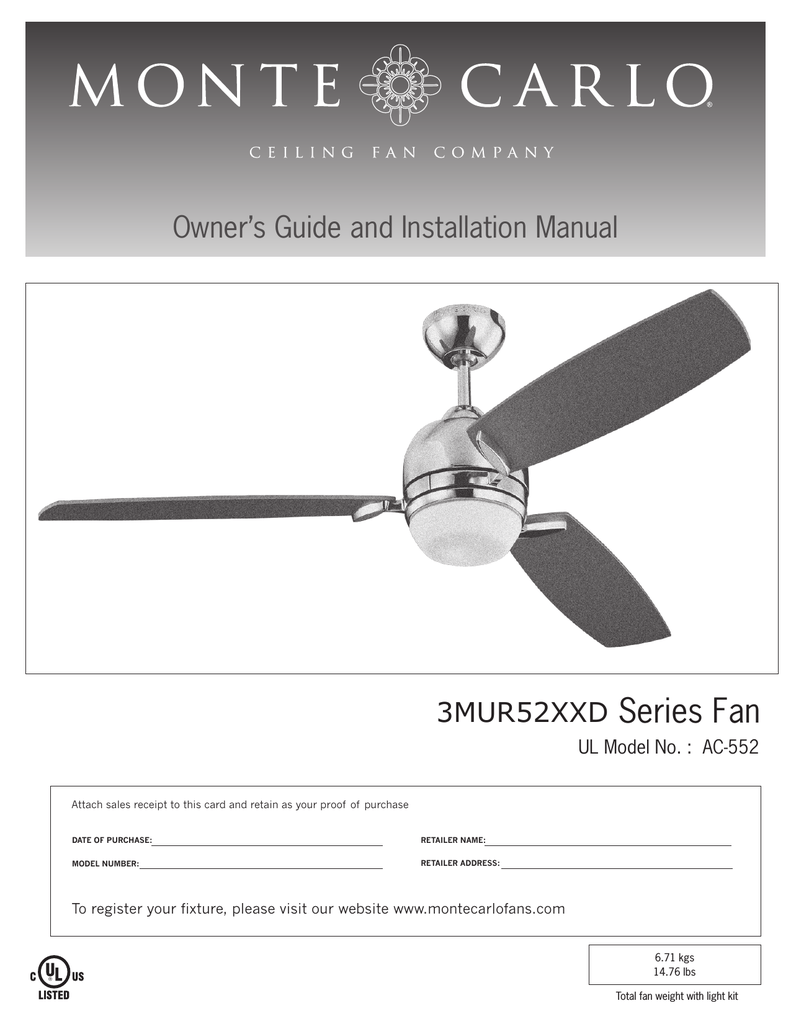 Monte Carlo Fan Company 44xx Series Fan Installation Manual