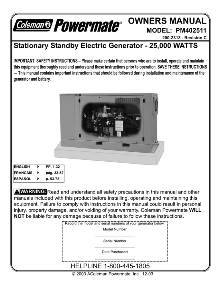 Coleman Powermate Pm Specifications Manualzz