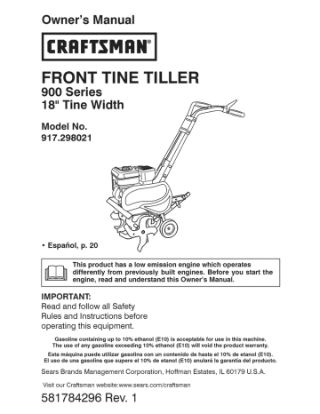 Craftsman 917298021 Front-Tine Tiller Owner's Manual | Manualzz