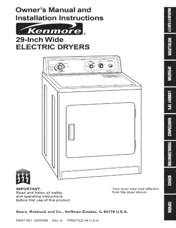 Sears Kenmore 29-Inch Wide ELECTRIC DRYERS Owner`s manual | Manualzz