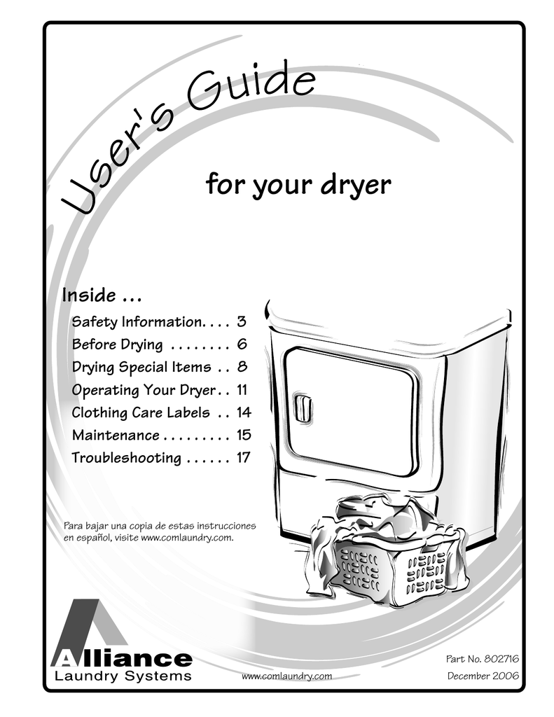 Alliance Laundry Systems DRY2025N Clothes Dryer User Manual | Manualzz