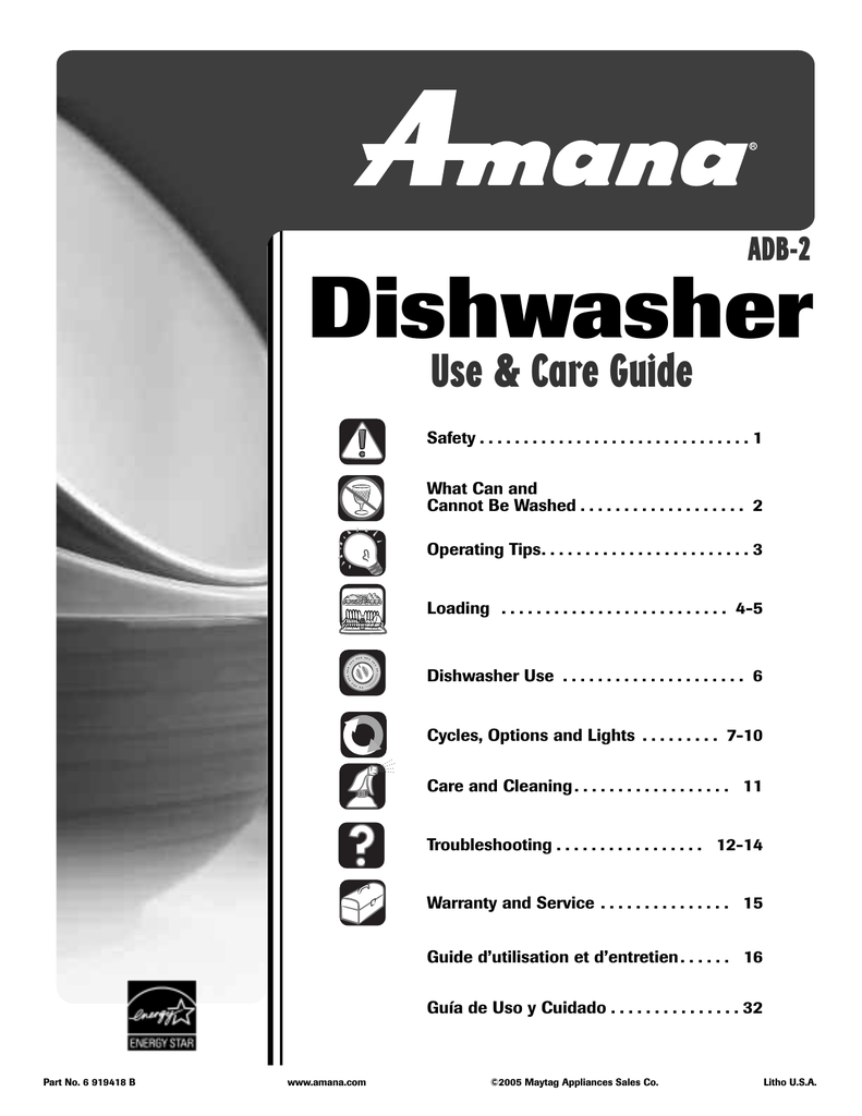 Amana ADB2 Dishwasher User Manual Manualzz