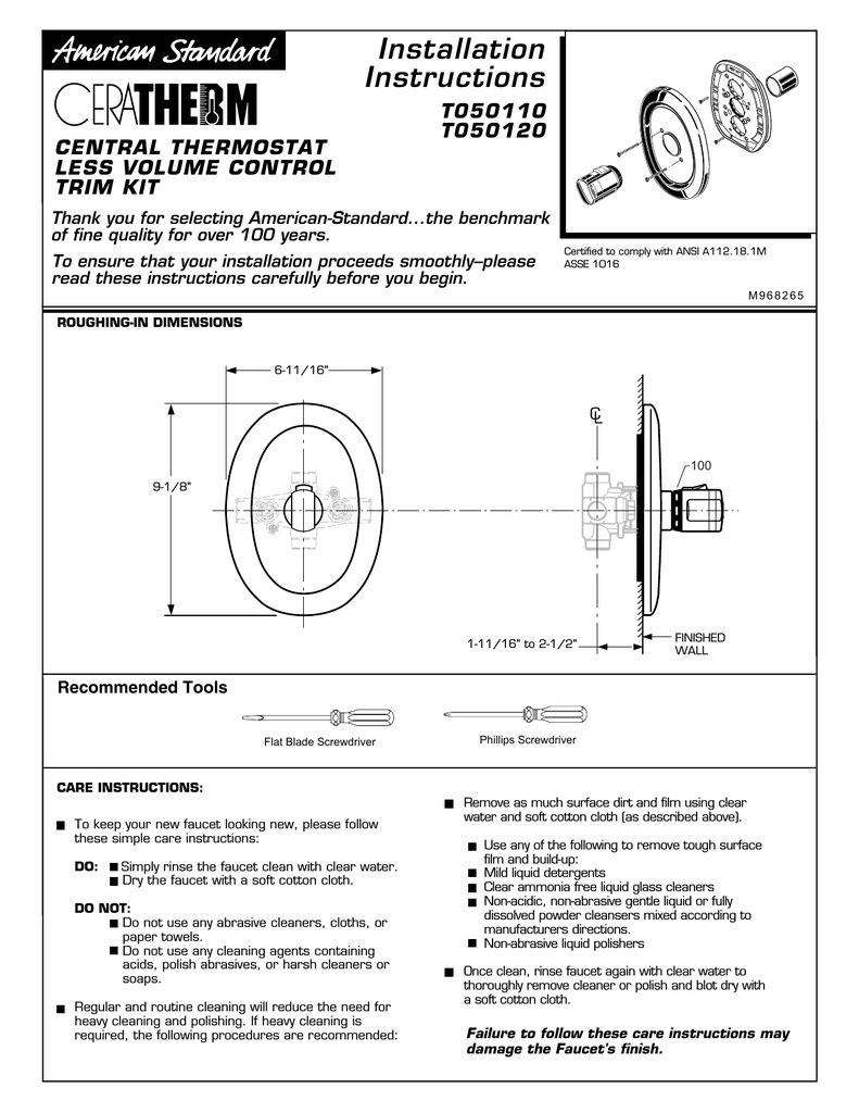American Standard T050110 Thermostat User Manual Manualzz
