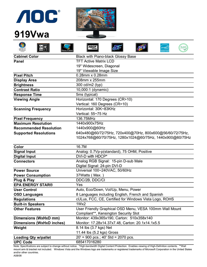 AOC 2236SWA Computer Monitor User 