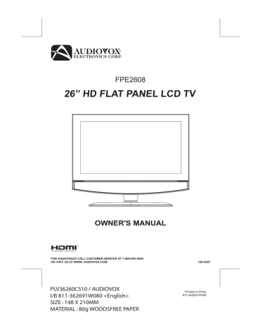 Audiovox FPE2608 Flat Panel Television Owner`s manual | Manualzz