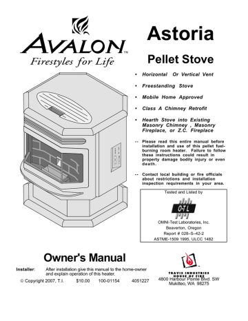 Avalon Stoves Avalon Pellet Stove Astoria PS Stove Owner's Manual | Manualzz