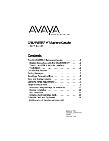 Avaya Callmaster V Cordless Telephone User`s guide | Manualzz