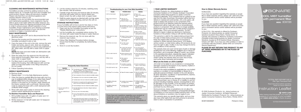 Bionaire BCM7309 Humidifier User Manual | Manualzz