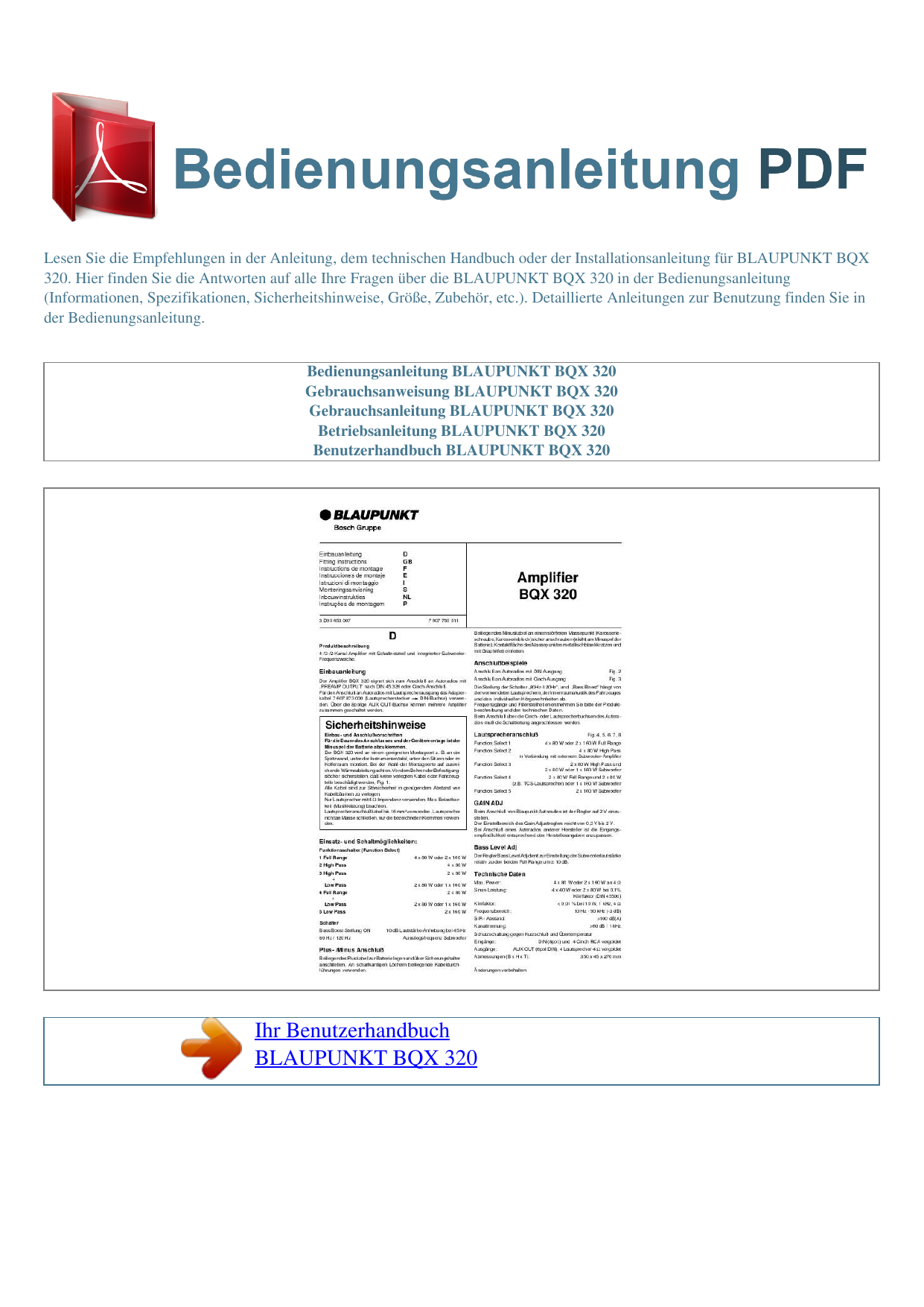 Blaupunkt Bqx 320 Car Amplifier User Manual Manualzz