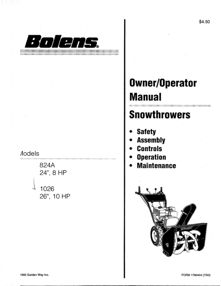 Bolens 1026 Snow Blower User Manual | Manualzz