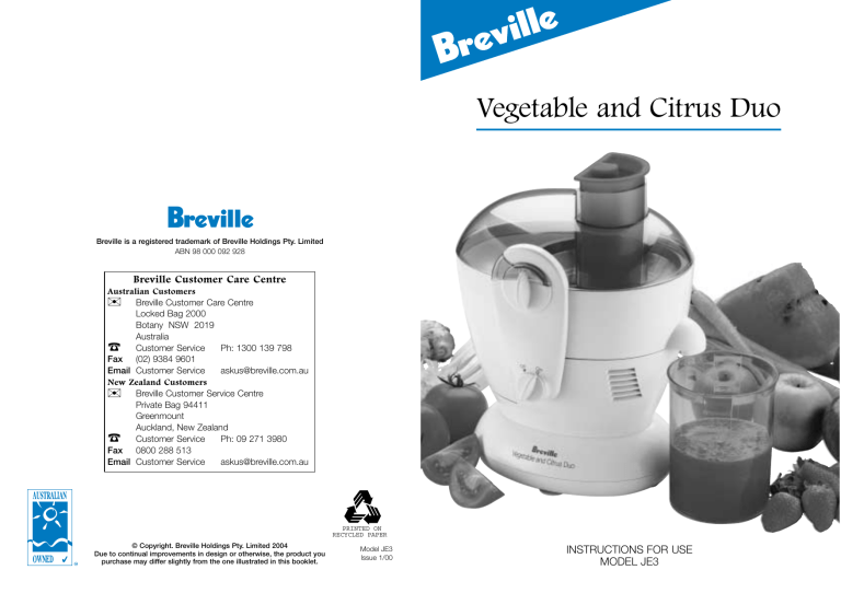 Breville JE3 Juicer User Manual Manualzz