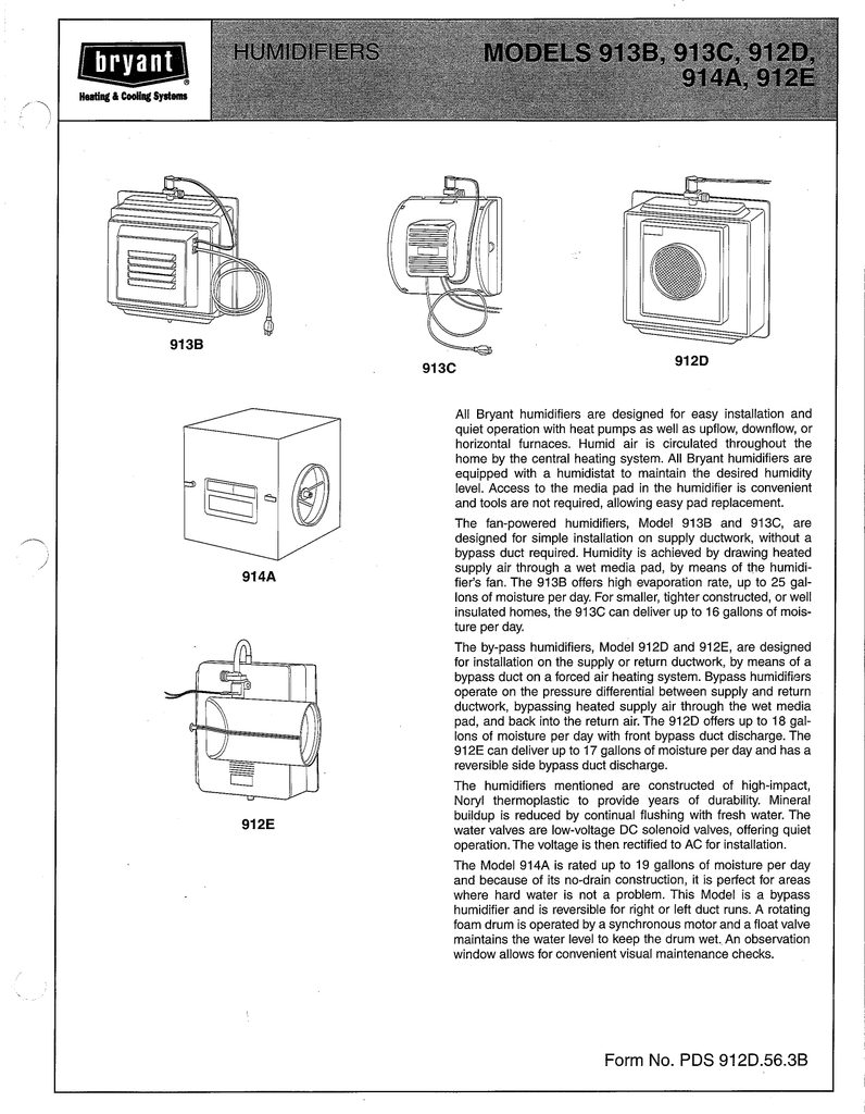 Bryant 912e Humidifier User Manual Manualzz