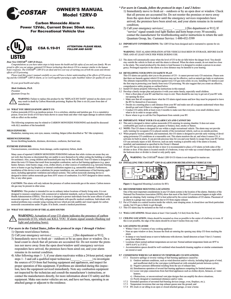 Costar 12rv D Carbon Monoxide Alarm User Manual Manualzz