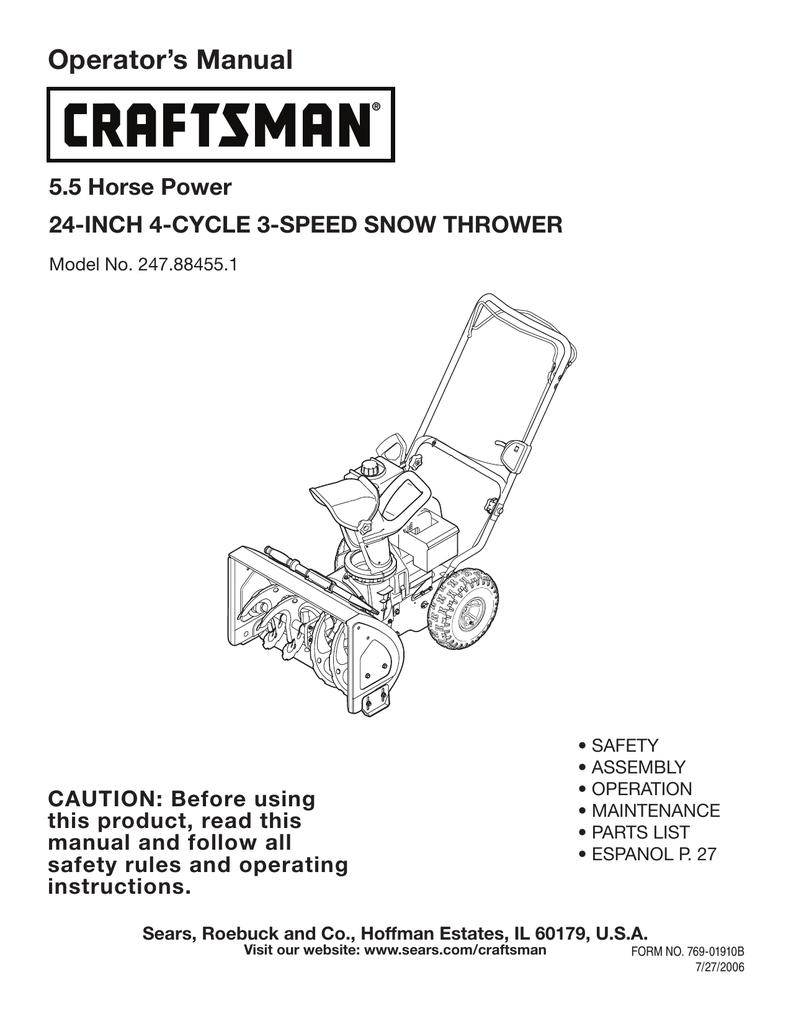 Craftsman 247 88455 1 Snow Blower User Manual Manualzz