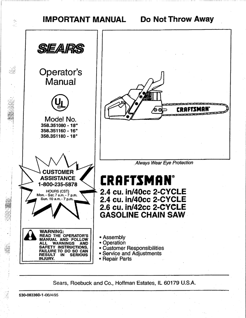 Craftsman 358 351080 Chainsaw User Manual Manualzz Com