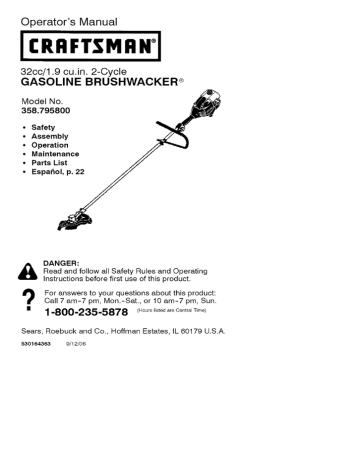 CRAFTSMAN Gasoline Brushcutter 358.795800 Operator's Manual | Manualzz