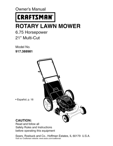 Craftsman 917.388981 Rotary Lawn Mower Owner's Manual | Manualzz