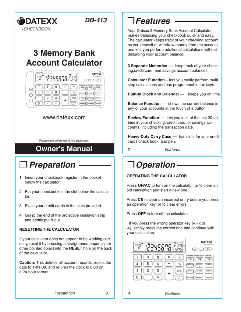 Datexx DB-403 3-Memory Checkbook Calculator 