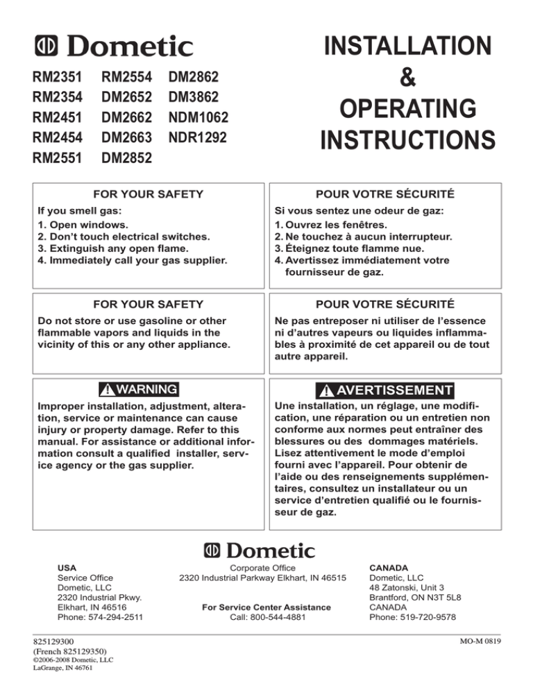 Dometic DM2862 Refrigerator User Manual | Manualzz
